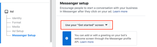 Facebook Click to Messenger ads, krok 2.