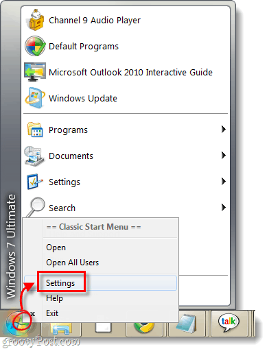 klasické start menu v systému Windows 7