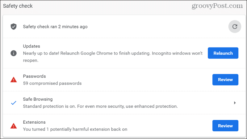 Výsledky kontroly bezpečnosti Chrome