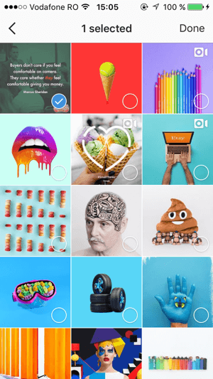 Vyberte všechny uložené příspěvky, které chcete přidat do své sbírky Instagramu, a klepněte na Hotovo.
