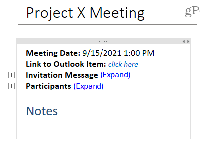 Podrobnosti o schůzce na ploše OneNotu