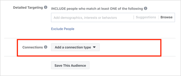 Sekce připojení v sekci Publikum reklamní kampaně na Facebooku.