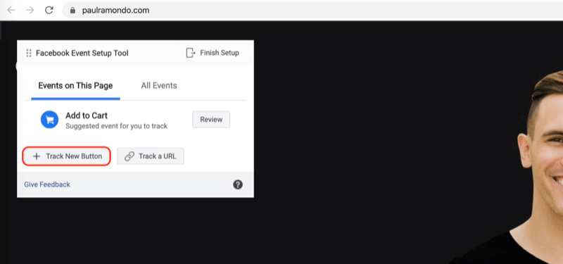 Možnost Sledovat nové tlačítko v nástroji Facebook Event Setup Tool