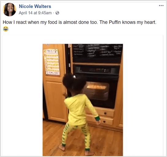 Nicole Walters zveřejnila video na Facebooku, na kterém její mladá dcera tančí před troubou v pyžamu, když čeká, až se její jídlo dopeče.