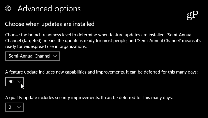 Vyberte zpoždění aktualizace funkce Windows 10