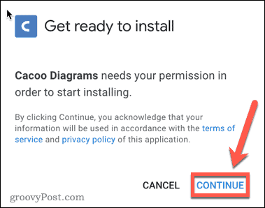 Potvrzení instalace doplňku Google Docs Cacoo