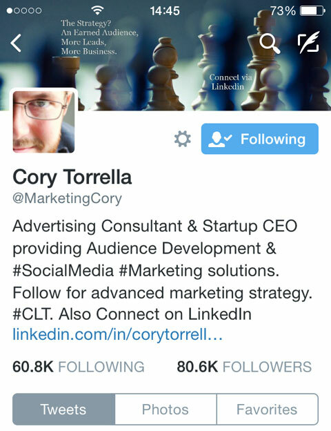 cory torrella twitter bio na mobilu