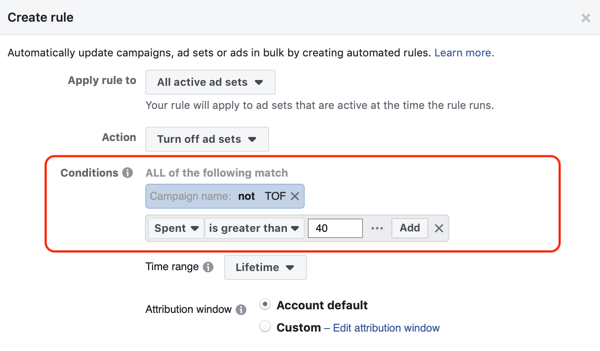Používejte automatická pravidla Facebooku, zastavte nastavování reklam, když je útrata dvojnásobná cena a méně než 1 nákup, krok 2, nastavení podmínek