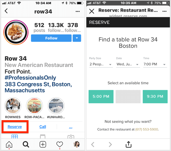 Klikněte na tlačítko Akce akce na obchodním profilu Instagramu této restaurace a proveďte rezervaci. 
