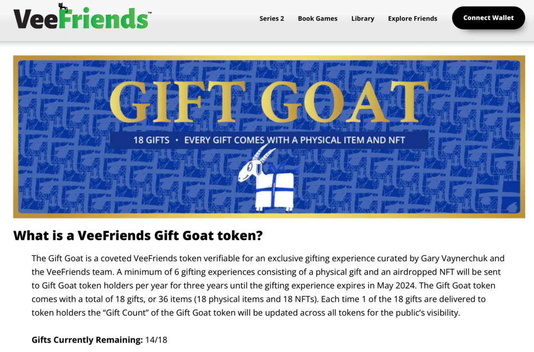 obrázek výhod VeeFriends Gift Goat token na webu VeeFriends