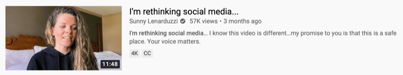 příklad videa z youtube od @sunnylenarduzzi o „přehodnocuji sociální média…“