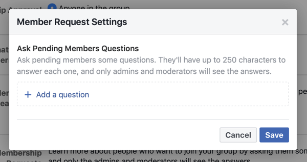 Jak vylepšit komunitu skupiny na Facebooku, příklad nastavení požadavku člena skupiny na Facebooku, které umožňuje nové otázky členů
