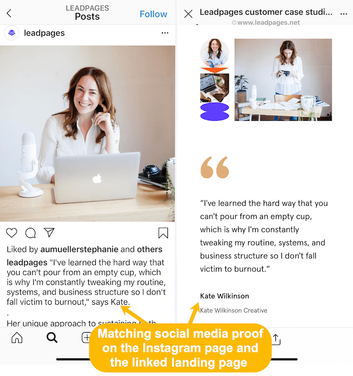odpovídající příběhy zákazníků na kanálu Instagram a propojené vstupní stránce