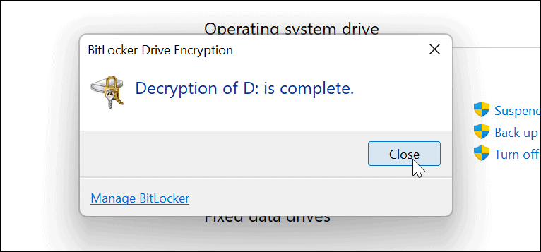 Dešifrování disku je dokončeno