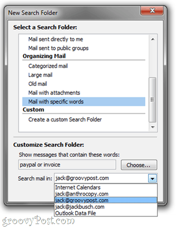 Složky hledání aplikace Outlook 2010
