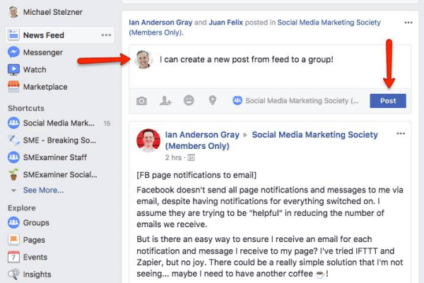 Facebook nyní umožňuje uživatelům odesílat příspěvky přímo do skupin ze zdroje zpráv.
