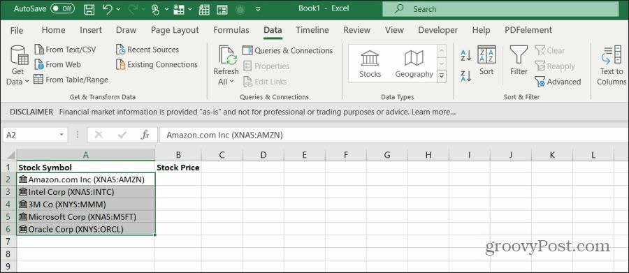 burzovní symboly akcií v Excelu