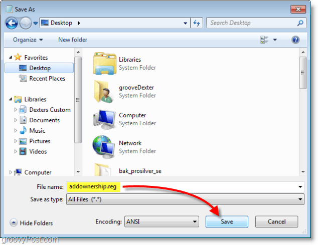 Snímek obrazovky systému Windows 7 - uložte jej jako addownership.reg