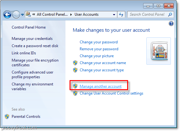 klikněte na stránce Spravovat jiný účet na stránce uživatelského účtu systému Windows 7