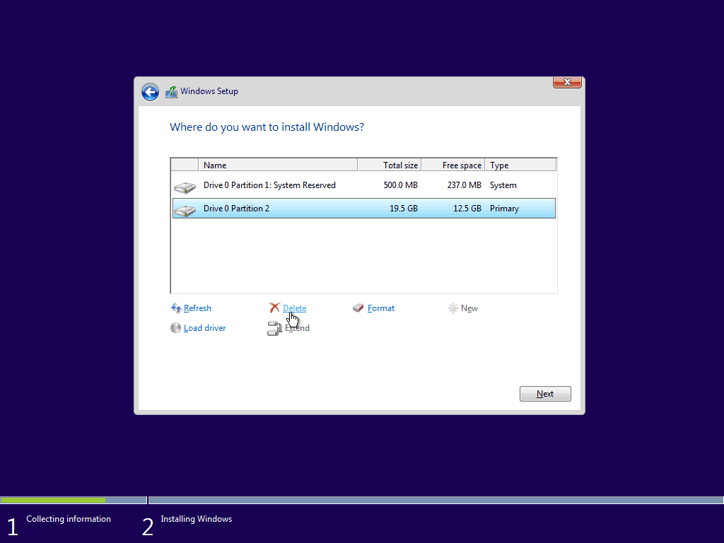 05 Odstranění existujícího primárního oddílu Windows 10 Čistá instalace