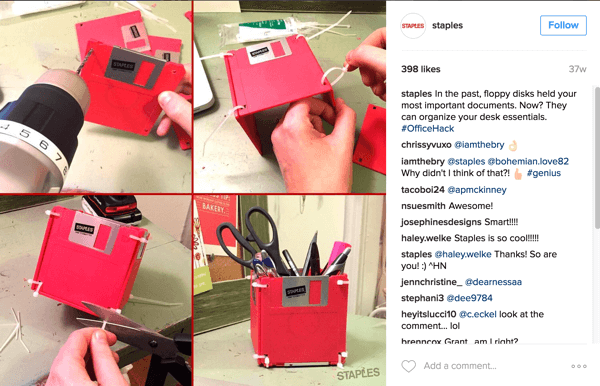 Tato instagramová fotografická koláž od společnosti Staples ukazuje chytrý způsob, jak vyměnit diskety za příslušenství stolu.