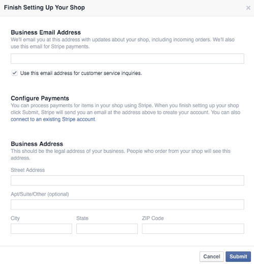 konfigurovat obchodní a platební údaje facebookového obchodu