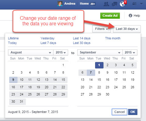 facebook ads manager report časové období