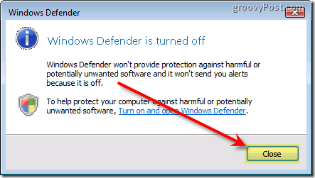 Zakázat program Windows Defender Vista