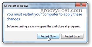 Chcete-li použít změny, musíte restartovat počítač