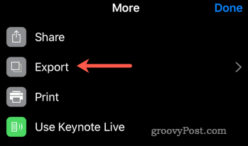 Zahajte proces exportu z aplikace Keynote do aplikace PowerPoint na iOS