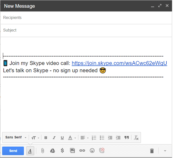 Kliknutím na ikonu Skype v dolní části e-mailu přidáte odkaz na volání.