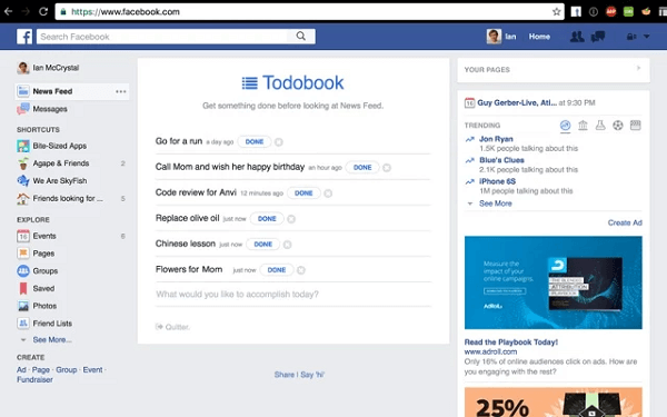 Todobook blokuje váš zpravodajský kanál na Facebooku, dokud nedosáhnete svých priorit pro daný den.