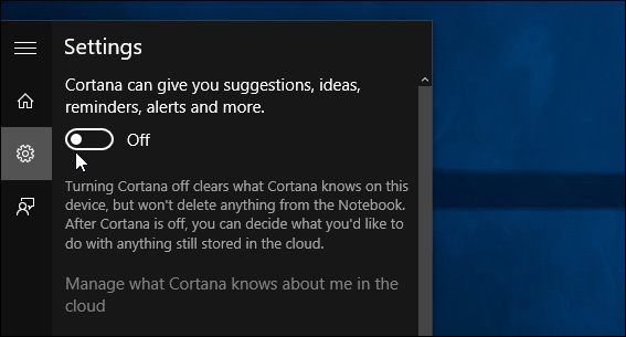 vypněte všechny karty Cortana