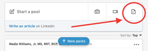 Příspěvek na sdílení dokumentů na LinkedIn, nahrát dokument do organického příspěvku, krok 1, přidat ikonu nového dokumentu