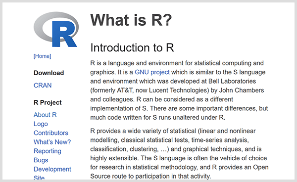 Vytvořte si své vlastní nástroje prediktivní analýzy s programovacím jazykem R. Screenshot z úvodní webové stránky R. 