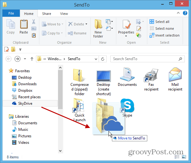 Přidat SkyDrive do systému Windows Klepněte pravým tlačítkem myši na nabídku Odeslat do nabídky