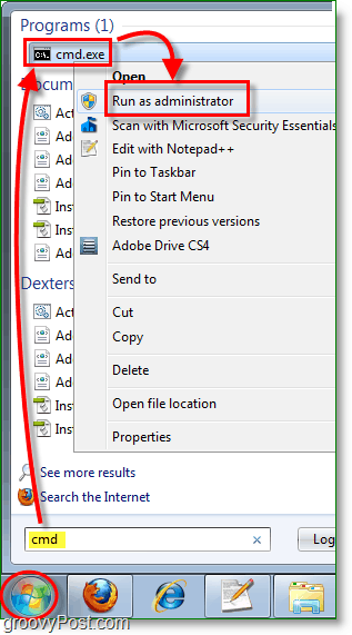 Snímek obrazovky Windows 7 - spusťte cmd jako správce