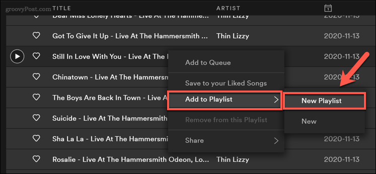 Ukládání skladeb Spotify do nového seznamu skladeb