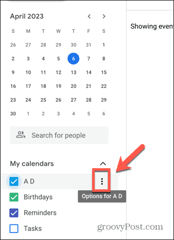 Snímek obrazovky s ikonou tří teček Kalendáře Google