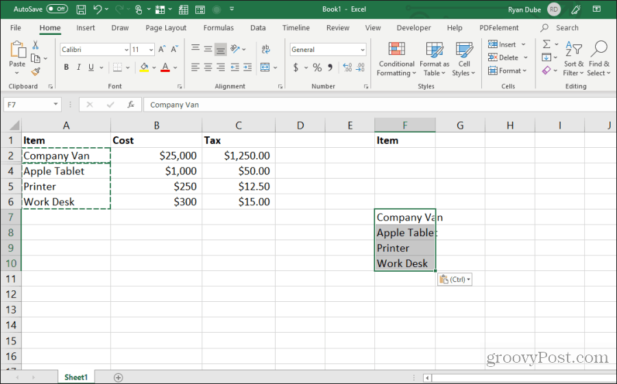 vkládání viditelných buněk do Excelu