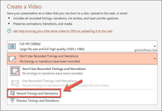 Nahrávání časování exportovaného videa v aplikaci PowerPoint