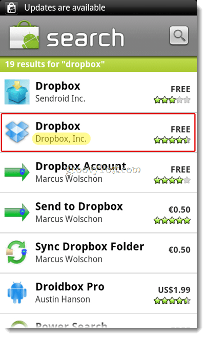 Nabídka vyhledávání Dropbox pro Android
