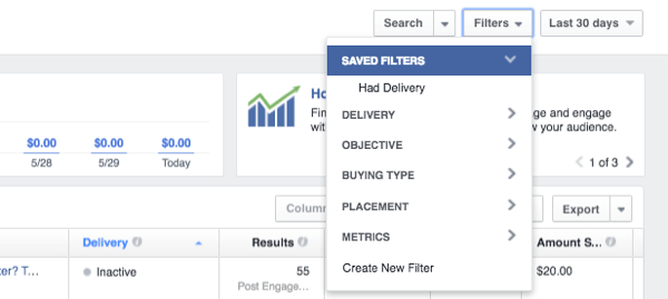 Údaje filtru správce facebookových reklam
