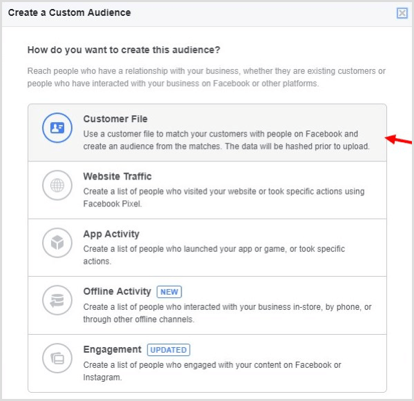 Vytvořte si Facebook a vytvořte si vlastní publikum na základě vašeho e-mailového seznamu.