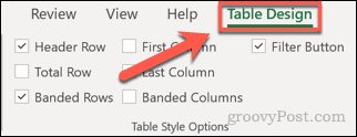 tabulka design tab excel