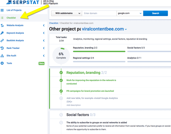 Jak organizovat úkoly marketingu na sociálních médiích, vytvořit kontrolní seznam úkolů pomocí Serpstatu, krok 2, navigace v kontrolním seznamu