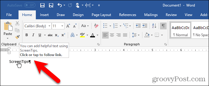 Záložka skrytá a bez Ctrl + Klikněte na ScreenTip v aplikaci Word