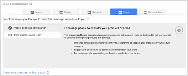 Typ kampaně Povědomí o značce a dosah v Google AdWords.