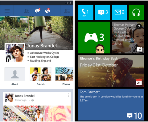 Windows Phone facebook aplikace dlaždice