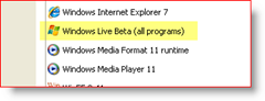 Ovládací panely, Windows XP, Nainstalované aplikace, Windows Live Beta (všechny programy)